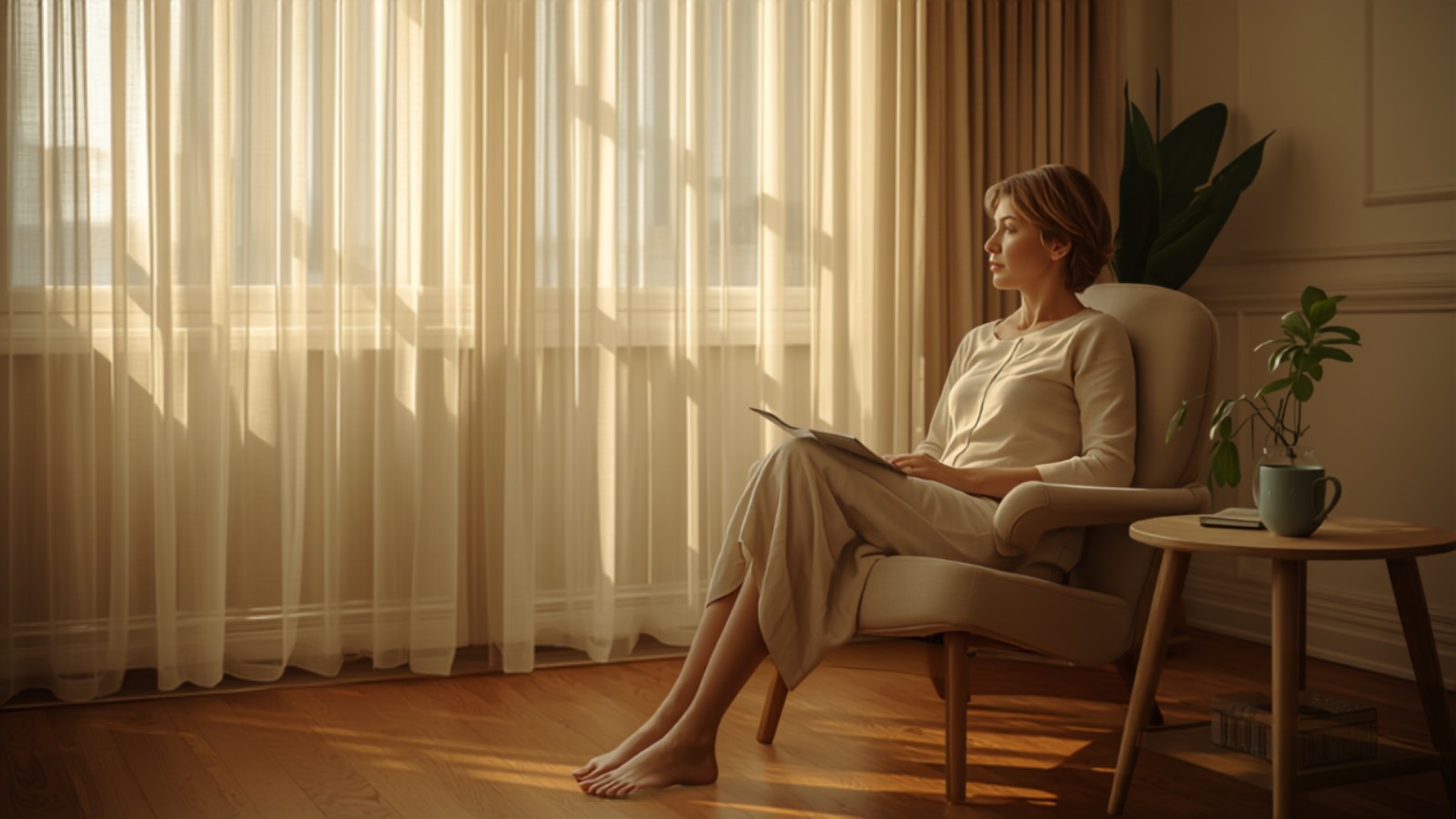 Mulher contemplativa perto da janela, representando TDAH e comorbidades
